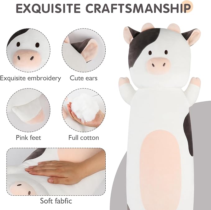 22 inch Milk Cow Stuffed Animal, Soft Long Pillow Doll Cute Cows Plush Hugging Pillow Plushies Toy Gift for Kids, Boys Birthday,Valentine, White