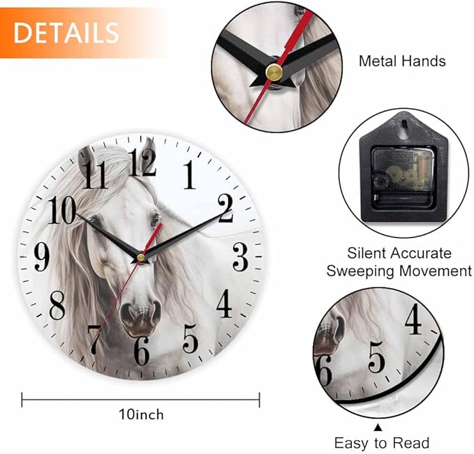 White Horse Portrait Wall Clock Classical Oil Horse with Smooth Skin and Fur 10 Inch Silent Non Ticking Battery Operated Clock Vintage Round Clock for Living Room Bedroom Bathroom Office Decor