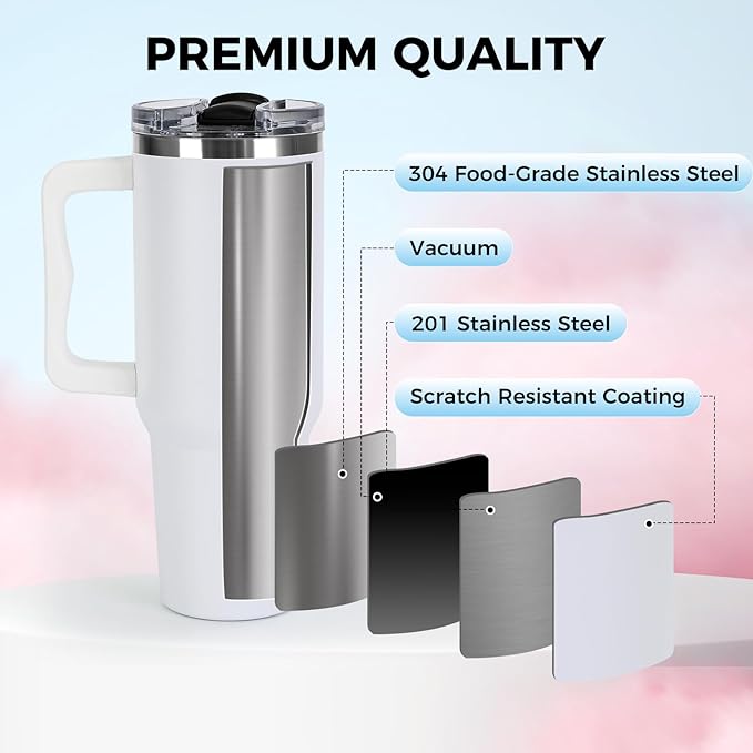40 oz Tumbler with Handle and Straw Lid Insulated Cup Stainless Steel Water Bottle Travel Mug Cupholder Use Gifts for Women Men Kids Trek Collection White