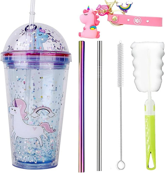 Unicorn Drinking Cup with Straw Kids Travel Tumbler Glitter Watter Bottle Ice Coffee Mugs Plastic Cup for Party Gift (blue unicorn, 6.5 * 20 cm)