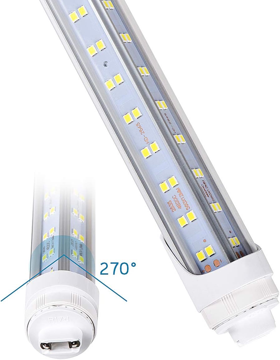 10PCS, LED Shop Light 8FT Tube, 2 Pin LED Tube Lights 270 Degree Angle, V Shaped 4 Row LEDs,R17D HO Rotatable LED Bulb, 144W, Clear Cover, Cold White 6000k, Fluorescent Tube Replacement
