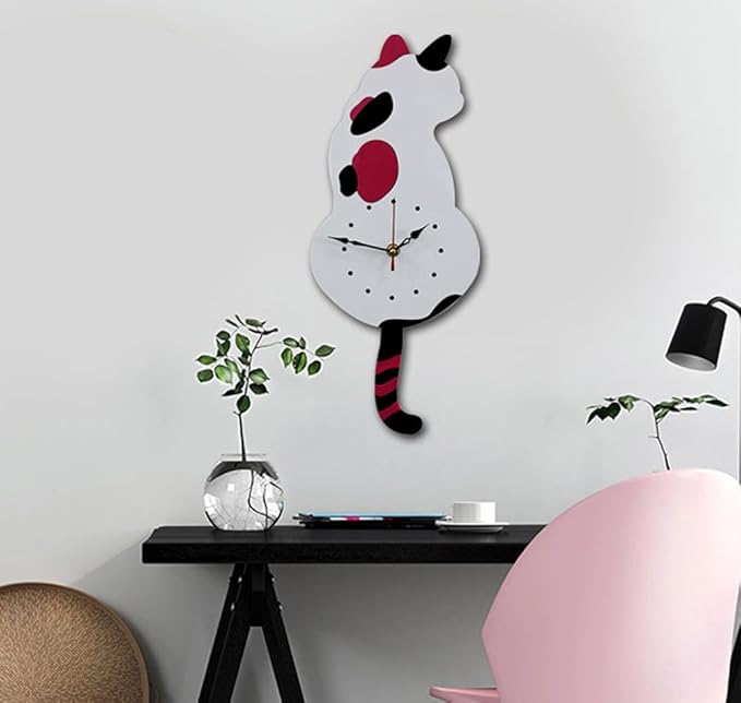 Ukey Wall Clock Creative DIY Cat Acrylic Wall Clock with Swing Tail Pendulum for Living Room Bedroom Kitchen Home Décor - Battery Not Included (42CM x 18CM) White