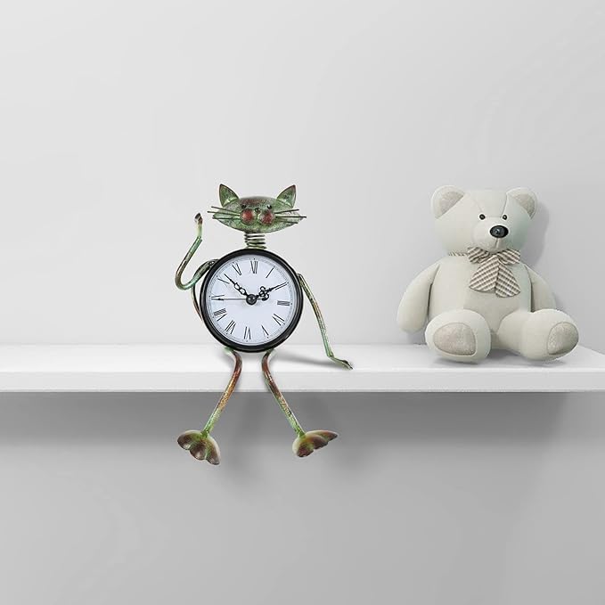 Tooarts Small Cat Desk Clock Handmade Vintage Metal Cat Figurine Decorative Table Animal Clock