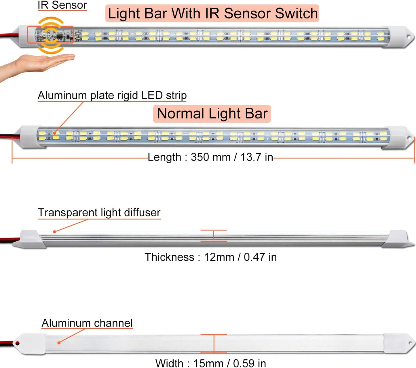 12V Interior LED Light Bar for Car,12V LED Light Strip 54 LEDs Lighting Super Bright 7000K White Color DIY Cabinet LED Light Strip for Car,Trailer,Motorhome,Van,RV,Truck Bed Lights(4 Pack)