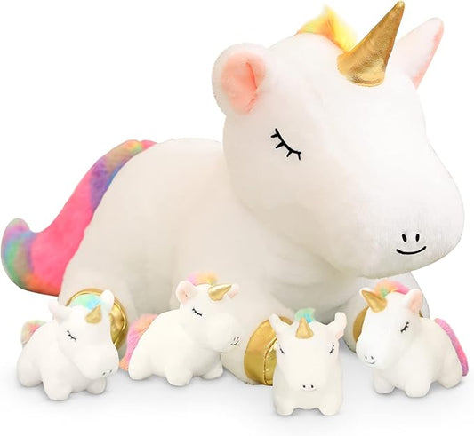 SQEQE Colorful Unicorn Plush Toy with 4 Baby Plush Unicorns in her Tummy, Stuffed Cotton Plush Animal Toy Gift for Kids