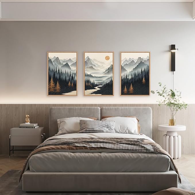 Watercolor Misty Forest Framed Canvas Wall Art Set, Foggy Mountain Wall Decor, Misty Pine Tree Wall Painting, Large Nature Landscape Art Prints for Living Room, Bedroom, Office - 16"X24"X3