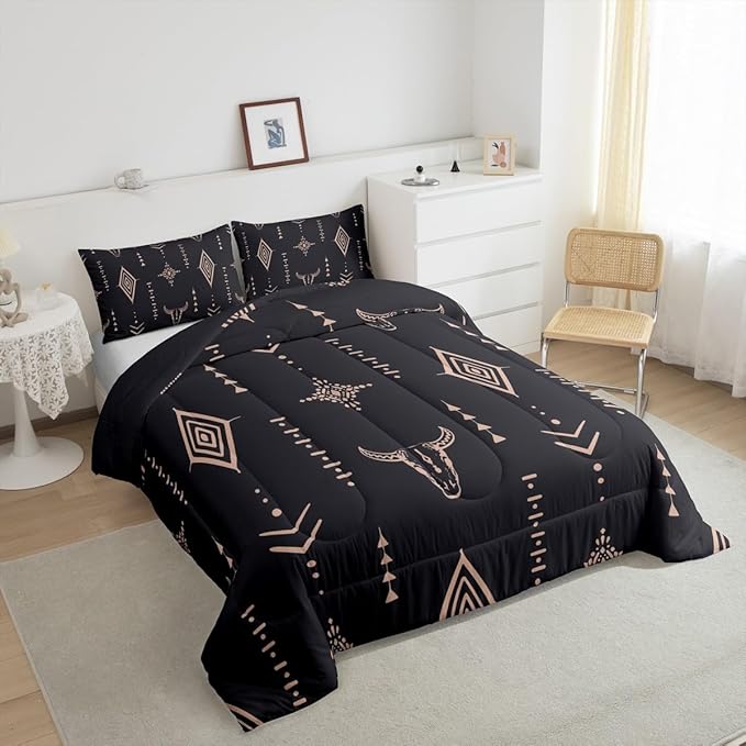 Bull Skull Comforter Set Queen Boho Bedding Ethnic Horns Bohemian Bedding Comforter Sets Black Brown Tribal Symbol Mysterious Aztec Bedroom Decor Abstract Geometric Duvet Insert for Men Boys