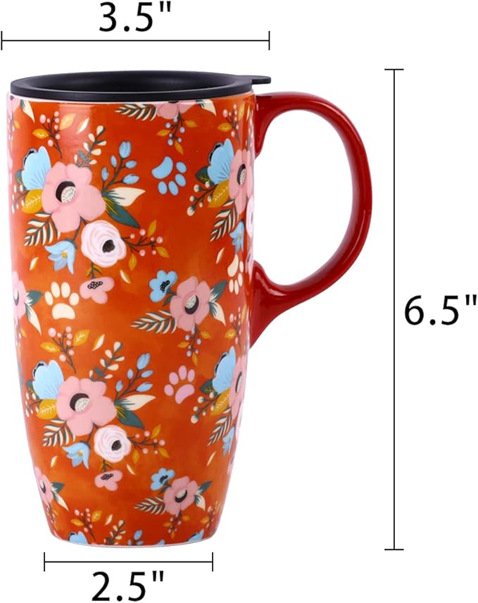 Topadorn Coffee Ceramic Mug Porcelain Latte Tea Cup With Lid 17oz. Orange Coffee Cup