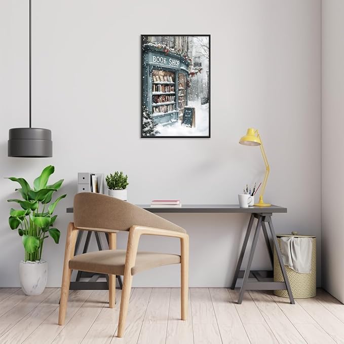 Vintage Christmas wall art Winter Book Shop Poster Print Book Lovers Gift Reading wall art Bookshop Wall Decor Winter Landscape Painting Room decor Aesthetic black framed12x18inch