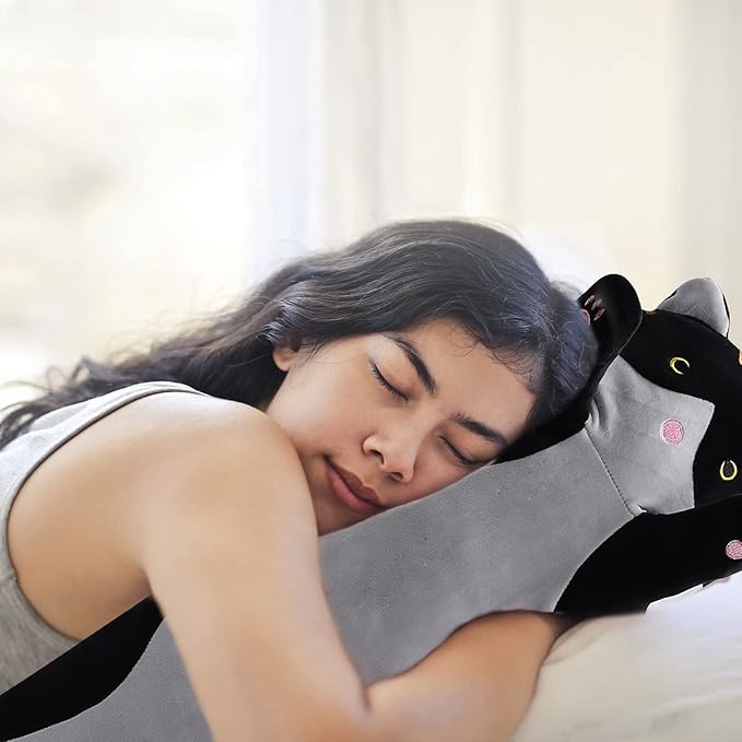 WUYU Lovely Plush Cat Doll Cute Cartoon Soft Stuffed Kitten Pillow Long Throw Sleeping Pillow Doll Toy Gift for Kids Girlfriend Multiple Size (Black, 130cm/51.1in)