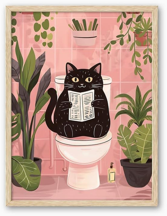 UPWOIGH Beige OAK Framed Wall Art, Black Cat Reading the Newspaper Poster, Wood Canvas Wall Decor,Animals Abstract Prints, 12"x16"High-end Pictures for Bathroom Bedroom,1 Pack