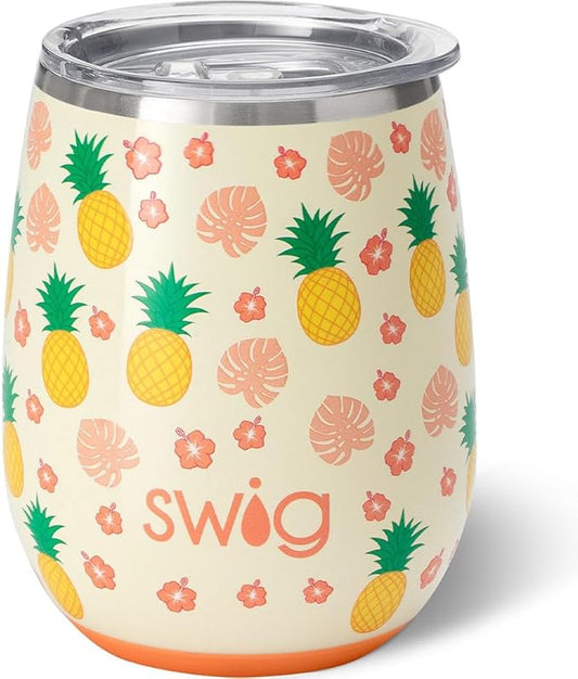 Swig Life 14oz Insulated Wine Tumbler with Lid | Discontinued Prints | Dishwasher Safe, Holds 2 Glasses, Stainless Steel Outdoor Wine Glass (Pineapple)