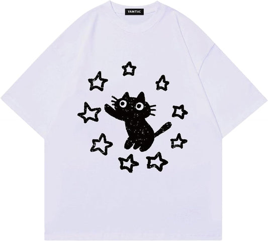 Vamtac Graphic Tees Unisex Loose Star Cat Print Tee Casual Summer Y2k Shirt Cute Short Sleeve Cotton Top