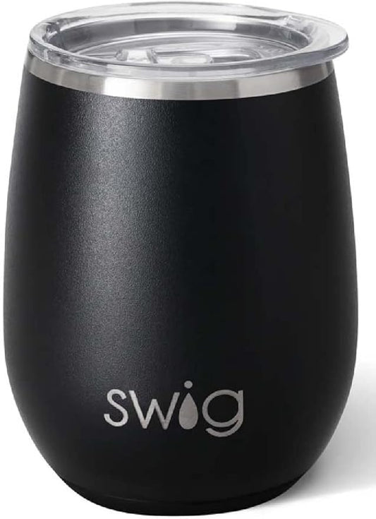Swig 14oz Insulated Wine Tumbler with Lid, Dishwasher Safe, Stainless Steel Wine Cups (Black)