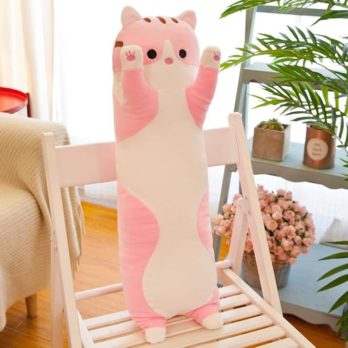 WUYU Lovely Plush Cat Doll Cute Cartoon Soft Stuffed Kitten Pillow Long Throw Sleeping Pillow Doll Toy Gift for Kids Girlfriend Multiple Size (Pink,70cm/27.5in)