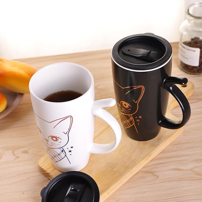 WHJY 20oz Large White Cute Cat Ceramic Coffee Mug With Splash-Proof Lid, Cat Tail Handle, Animal Tumbler