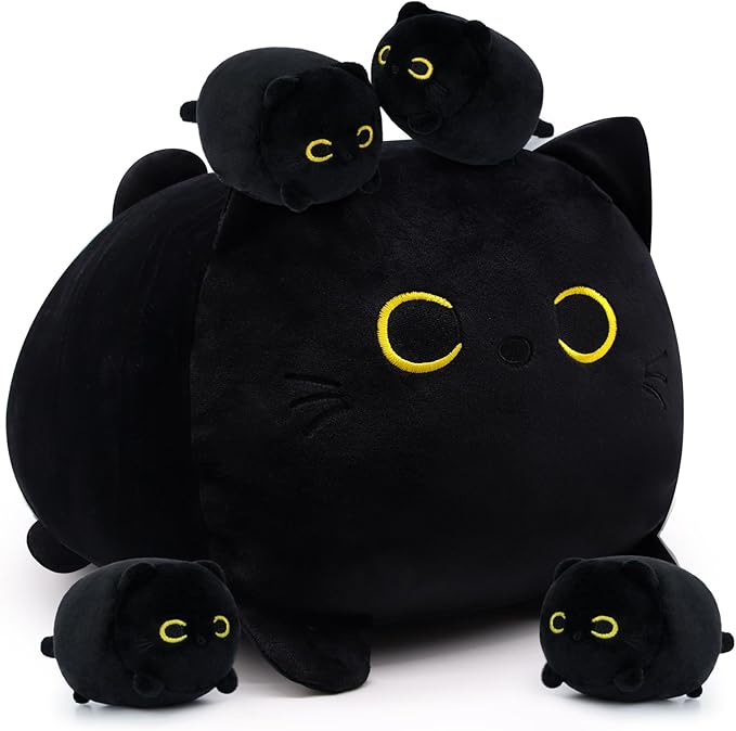 Black Cat Plush, Black Cat Stuffed Animals Cat Plushie Toy, Mommy Cat with 4 Baby Kittens Kawaii Birthday Gifts for Kids Boys Girls