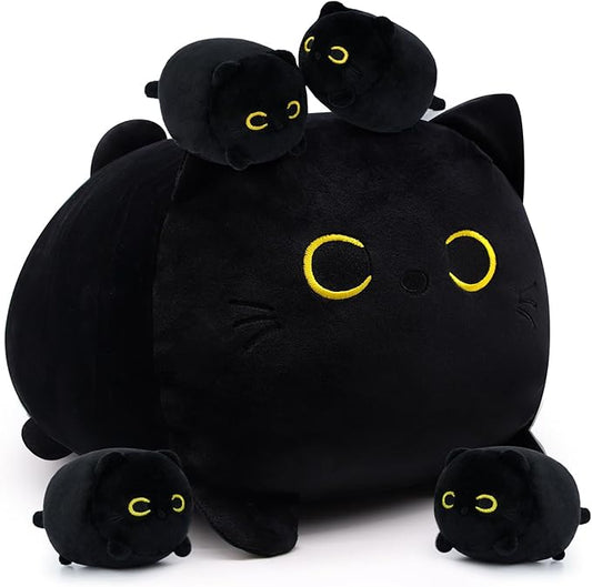 Black Cat Plush, Black Cat Stuffed Animals Cat Plushie Toy, Mommy Cat with 4 Baby Kittens Kawaii Birthday Gifts for Kids Boys Girls