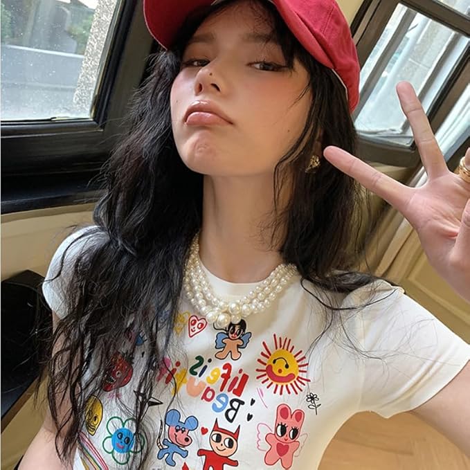 Women Girls Y2K Crop Top Letter Print Baby Tees Grunge T-Shirt