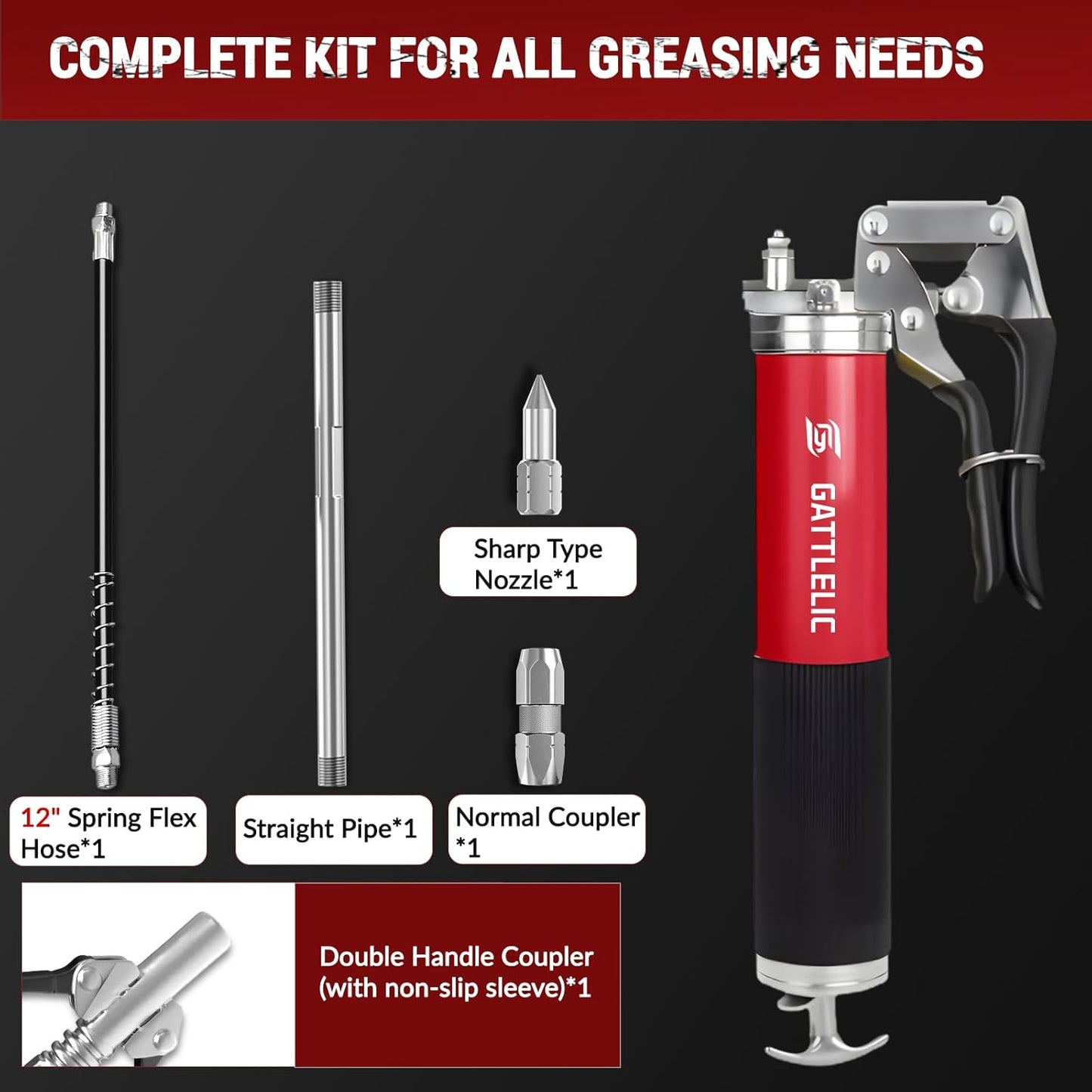 Heavy Duty Grease Gun Kit, 8000 PSI Professional Pistol Grip 14 oz Load with 12" Flex Hose, Locking Coupler, Extension Pipe, and Sharp Nozzle,Red(Upgrade)
