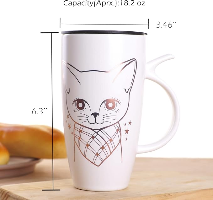 WHJY 20oz Large White Cute Cat Ceramic Coffee Mug With Splash-Proof Lid, Cat Tail Handle, Animal Tumbler