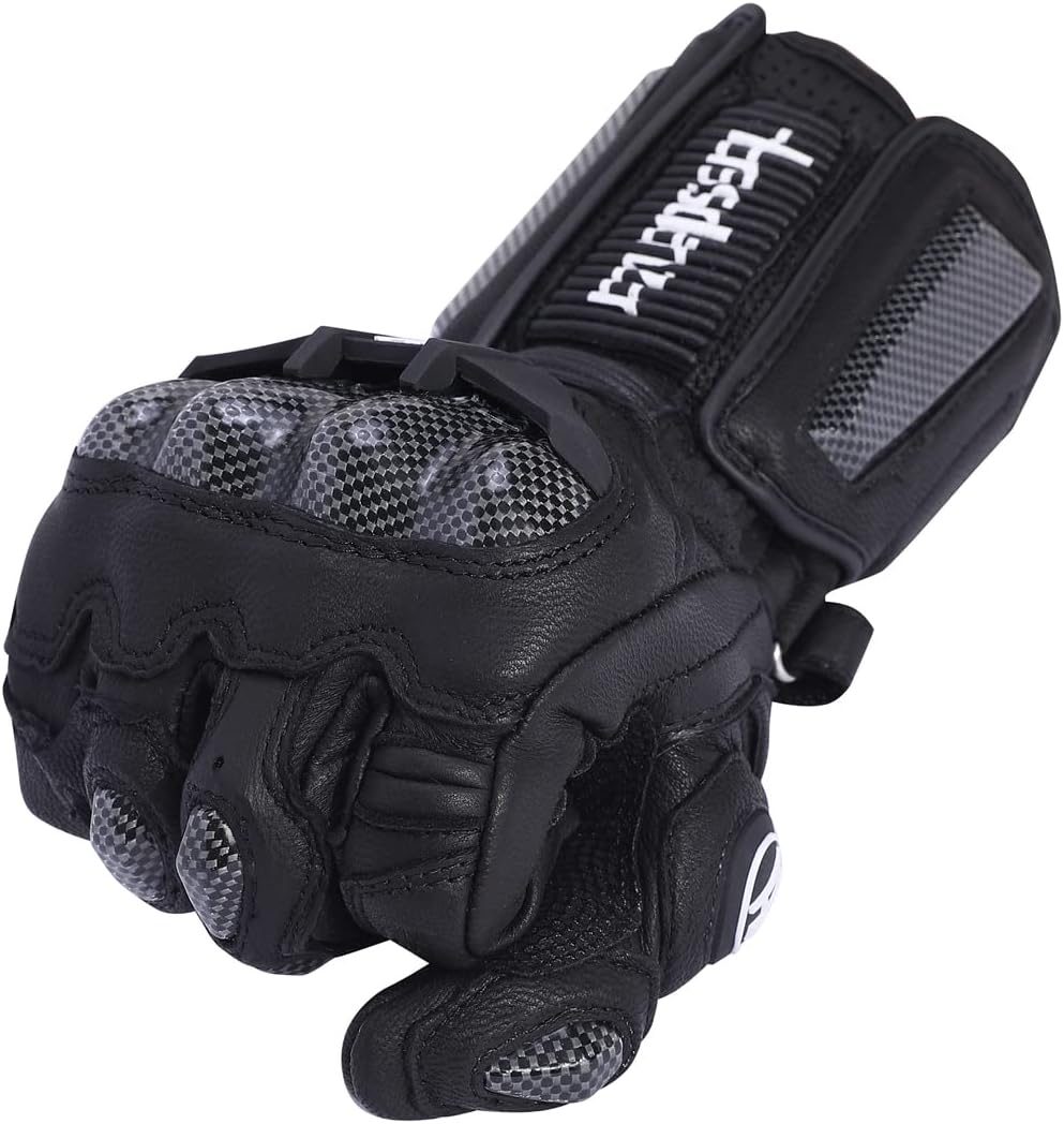 Harssidanzar Leather Motorcycle Gloves for Men and Women,Powersports Carbon Fiber Knuckle Protection Motorbike Gloves KM045