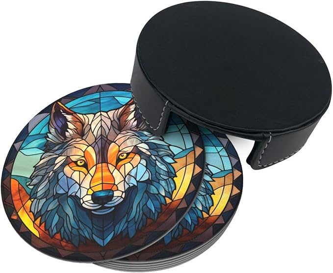 Wolf Drink Coaster Set of 6, Wolf Decor Gifts, Leather Drink Coasters with Holder, 6 Pack Cup/Bar/Drink Coasters for Table/Drinks/Coffee Protection Housewarming Gift (Wolf)