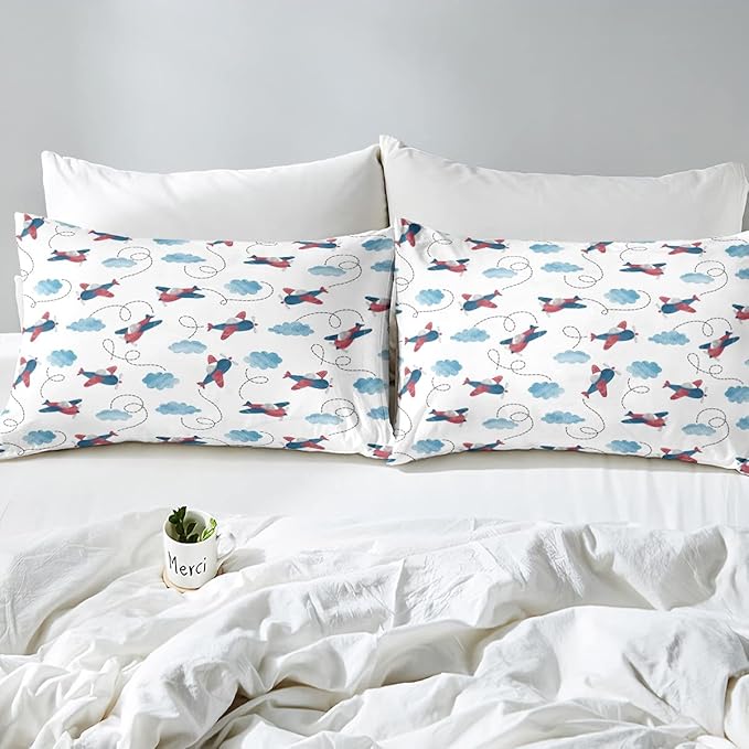 Boys Airplane Comforter Set Full Size,Vintage Watercolor Airplane Bedding Set for Kids Space Room Decor,Cartoon Bedding Aircraft Blue Clouds Comforters Soft Lightweight Bedding Quilted 2 Pillow Cases