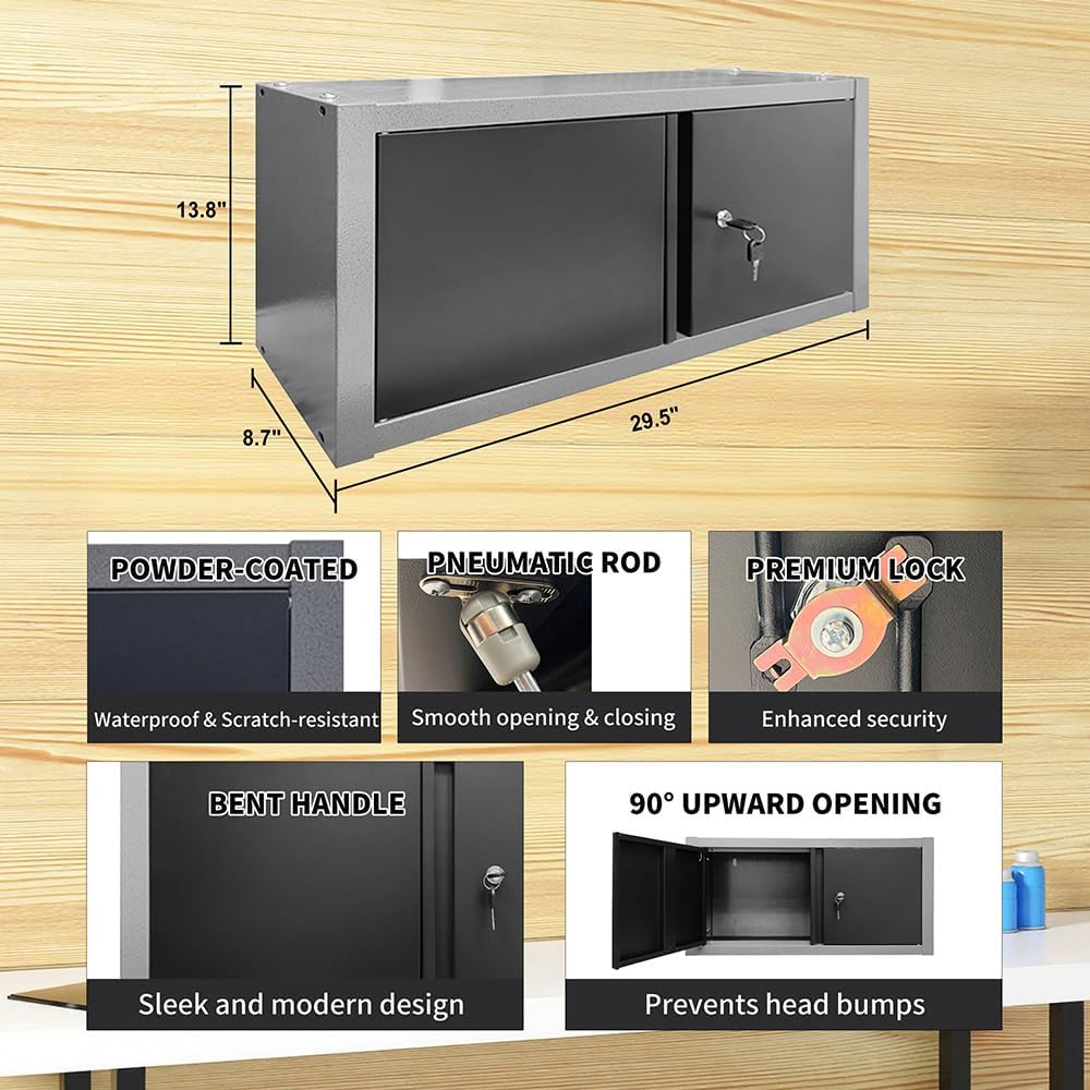 Garage Storage Cabinet Set System with Wooden Tabletop, Included Tool Cart, for Workshop Basement Utility Room