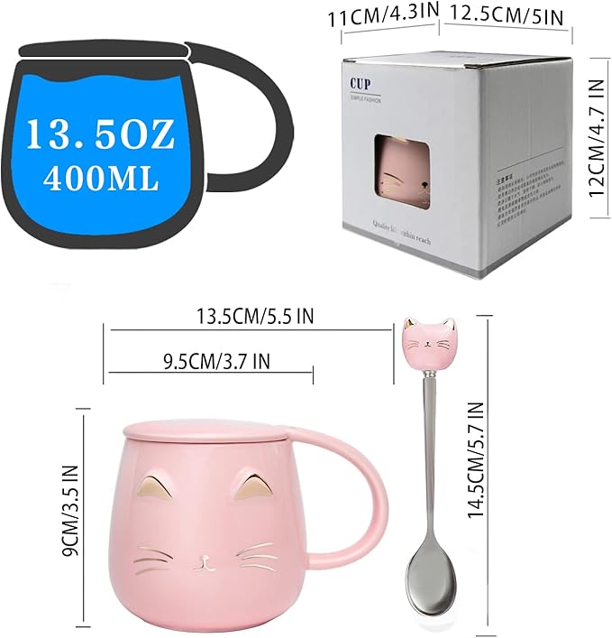 Yuwu Cat Mug Cute Coffee Mug gifts for cat lovers Ceramic Cup, Novelty Mug with Lid and Stainless Steel Spoon, Christmas Birthday Gifts Present for kids Women Girls (pink)