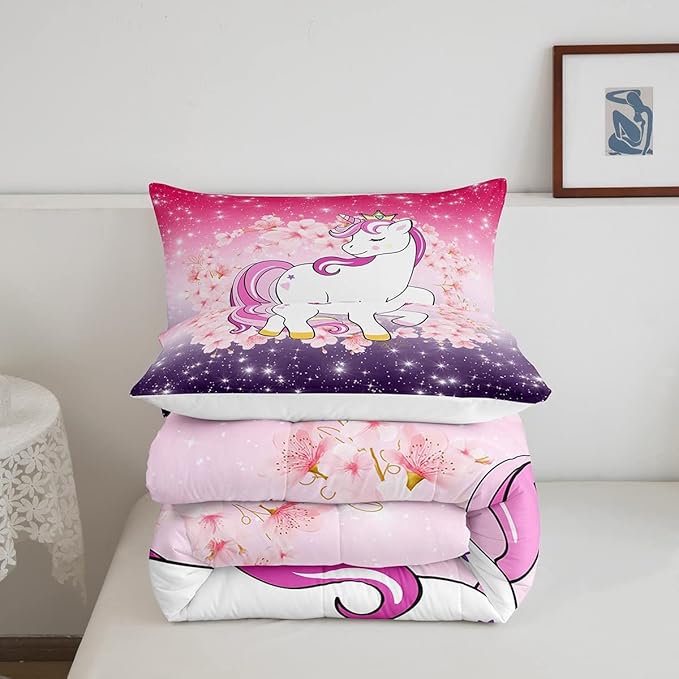 Unicorn Comforter Set Twin Glitter Bedding Set Cherry Blossoms Duvet Insert Kids Cartoon Kawaii Animal Down Comforter Ombre Galaxy Stars Fantasy Girls Room Decor Quilt Set Aesthetic Pink Purple