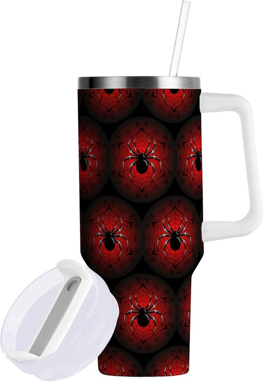 Boccsty Black Red Spider's Web Insulated Tumblers Reusable Stainless Steel Tumbler 40 oz Cup Coffee Travel Mug Water Bottle with Handle & Flip Straw for Home Office Car
