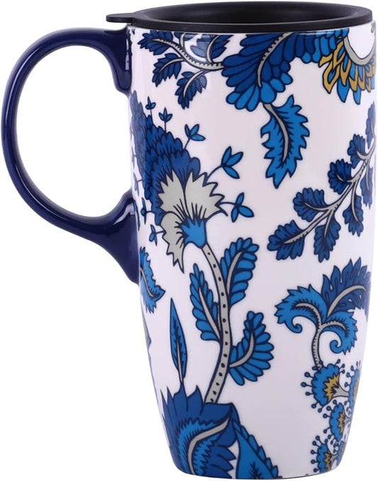 Topadorn Ceramic Mug with Lid and Handle,17oz. Tall Coffee Cup for Home,Party and Birthday,Blue Flower