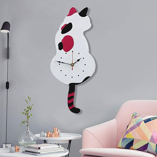 Ukey Wall Clock Creative DIY Cat Acrylic Wall Clock with Swing Tail Pendulum for Living Room Bedroom Kitchen Home Décor - Battery Not Included (42CM x 18CM) White