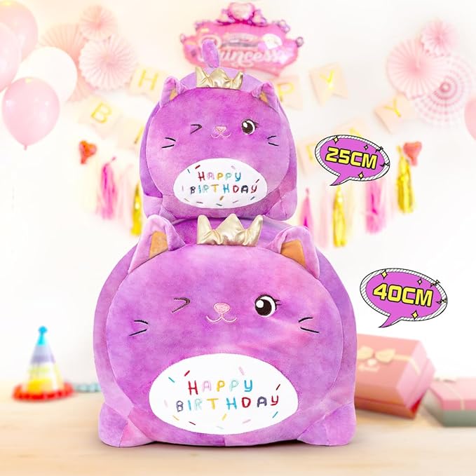 Birthday Cat Plush Pillow Stuffed Animal Toy, Purple Birthday Cat Plush Stuffed Animals, Soft Cat Plush Pillow for Kids(Purple Cat, 25cm/9.8inch)