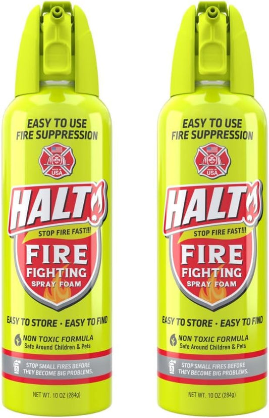 HALT! Fire Fighting Foam Spray – Non-Toxic, PFAS Free, Easy to Use, Store, and Find in Emergency – Compact & Portable – Ideal for Home, Kitchen, Apartment, Car, BBQ, Tailgate – Made in USA (2-Pack)