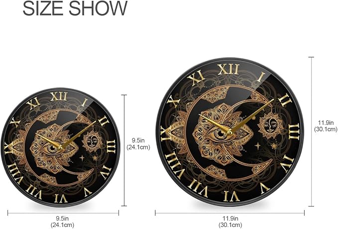 ALAZA Sun Crescent Moon Boho Bohemian Alchemy Wall Clock Battery Operated Silent Non Ticking Clocks for Living Room Decor 12 Inch / 9.5 Inch