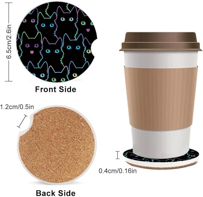 Absorbent Car Cupholder Coaster 2 Pack, Cute Car Coasters with a Finger Notch for Women & Men,2.56" Ceramic Stone & Non-Scratch Cork Base Drink Coasters, Cute Auto Accessories Gifts (Cute Cats)