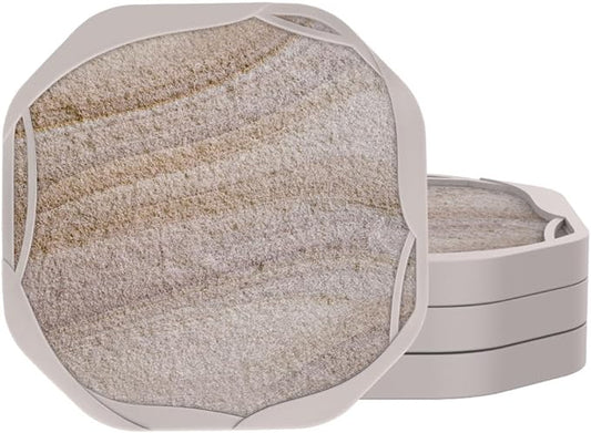 UMIRRO Absorbent Coasters for Drinks, Rustic Silicone Cup Coaster with Felt Insert for Beach Coffee Table Decor, Small Birthday Gift Ideas for Men Dad Him Women Mom Her, 4", Sandstone Style, Set of 4