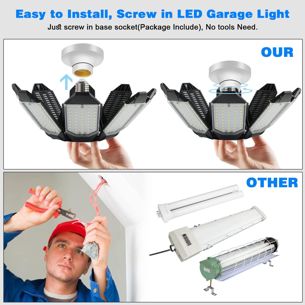 Garage Lights - 40000LM Super Bright Garage Lights Ceiling Led w/ 8 Deformable Panels Compatible for E26/E27 Screw in Socket Garage Lighting Bulb for Barn Basement Shops Attic - 2Pack