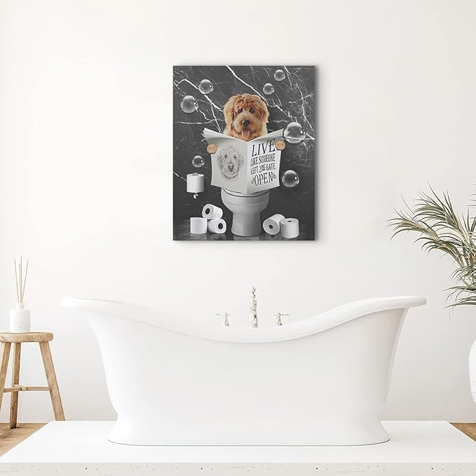 Canvas Wall Art - Funny Dog in Toilet - Black & White Animals - Farmhouse Bathroom Painting - Framed 16x24