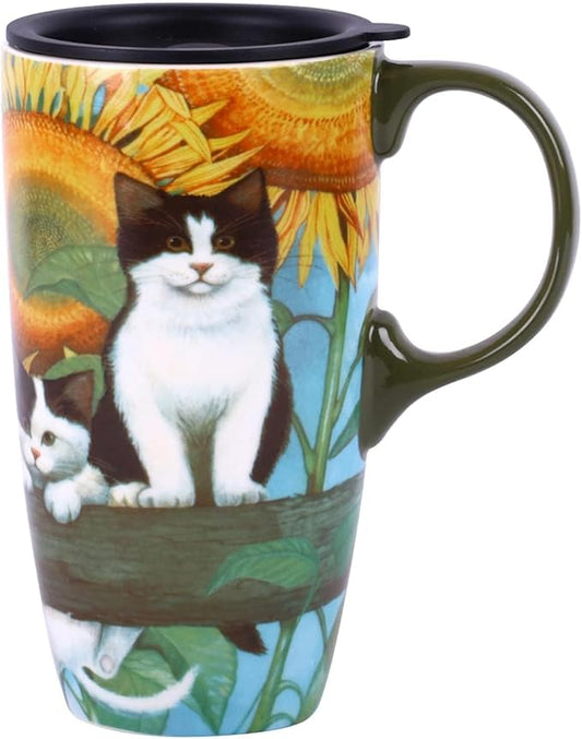 Topadorn Coffee Ceramic Mug Porcelain Latte Tea Cup With Lid 17oz. Cat