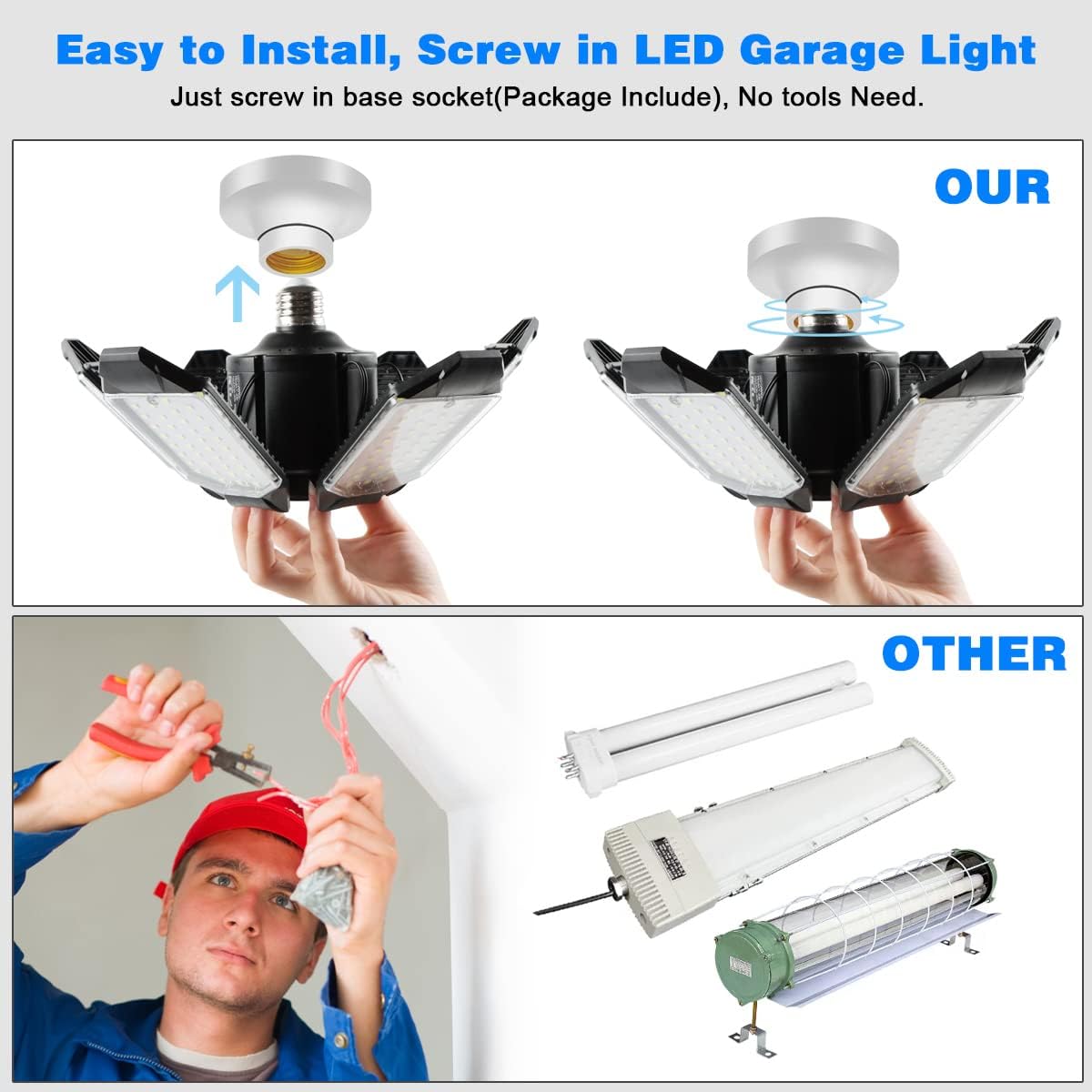 Garage Lights - 2Pack Super Bright 32000LM LED Garage Ceiling Light 6500K LED Shop Light w/ 6 Deformable Panels Screw in E26/E27 Socket Light Bulbs for Workshop Storage Warehouse Attic