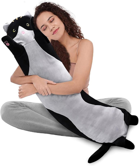 WUYU Lovely Plush Cat Doll Cute Cartoon Soft Stuffed Kitten Pillow Long Throw Sleeping Pillow Doll Toy Gift for Kids Girlfriend Multiple Size (Black, 110cm/43.3in)