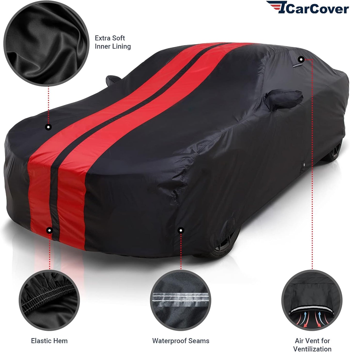 iCarCover Custom Car Cover Compatible with Challenger 2008-2024, Waterproof All-Weather Rain Snow UV Sun Protector Full Exterior Indoor Outdoor Car Covers, Stripe (Black/Red)