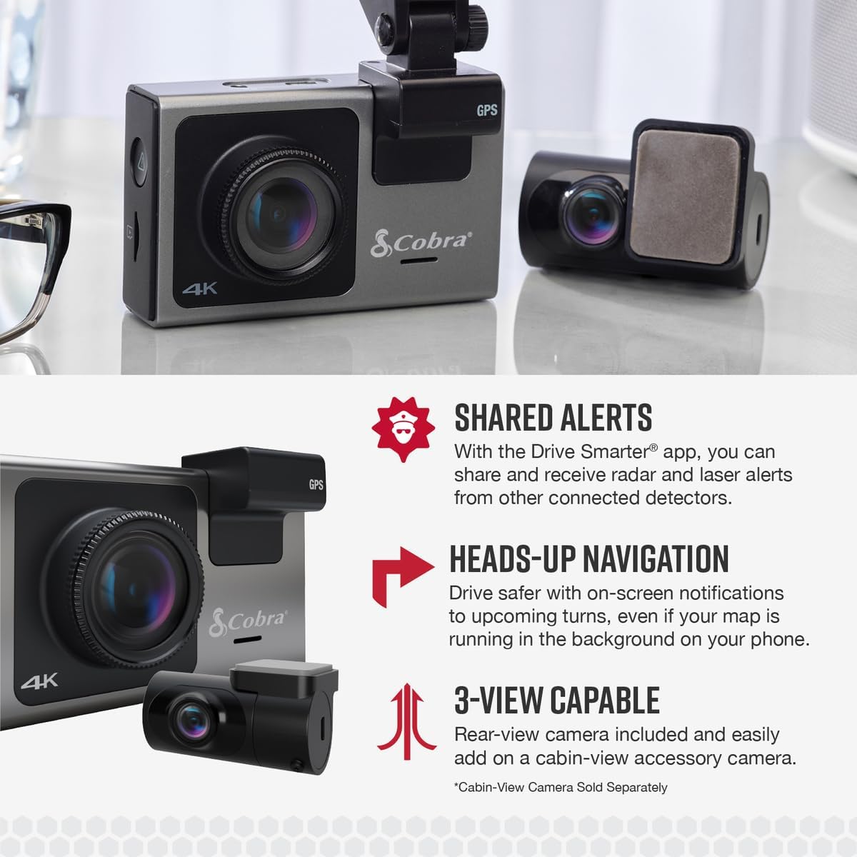 Cobra Smart Dash Cam + Rear Cam (SC 400D) – UHD 4K Resolution, Alexa Built-In, 3-Camera Capable, Live Police Alerts, Emergency Mayday, Drive Smarter App, 3" Touchscreen, Wi-Fi & GPS, 32GB SD Card Incl