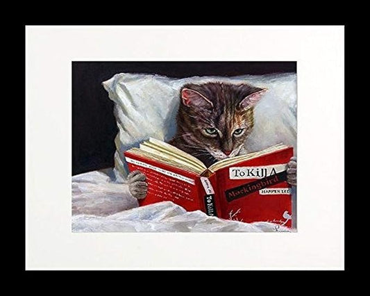 Buyartforless Framed Late Night Thriller - Cat Reading to Kill a Mockingbird by Lucia Heffernan 14x11 Feline Art Print Poster Humor