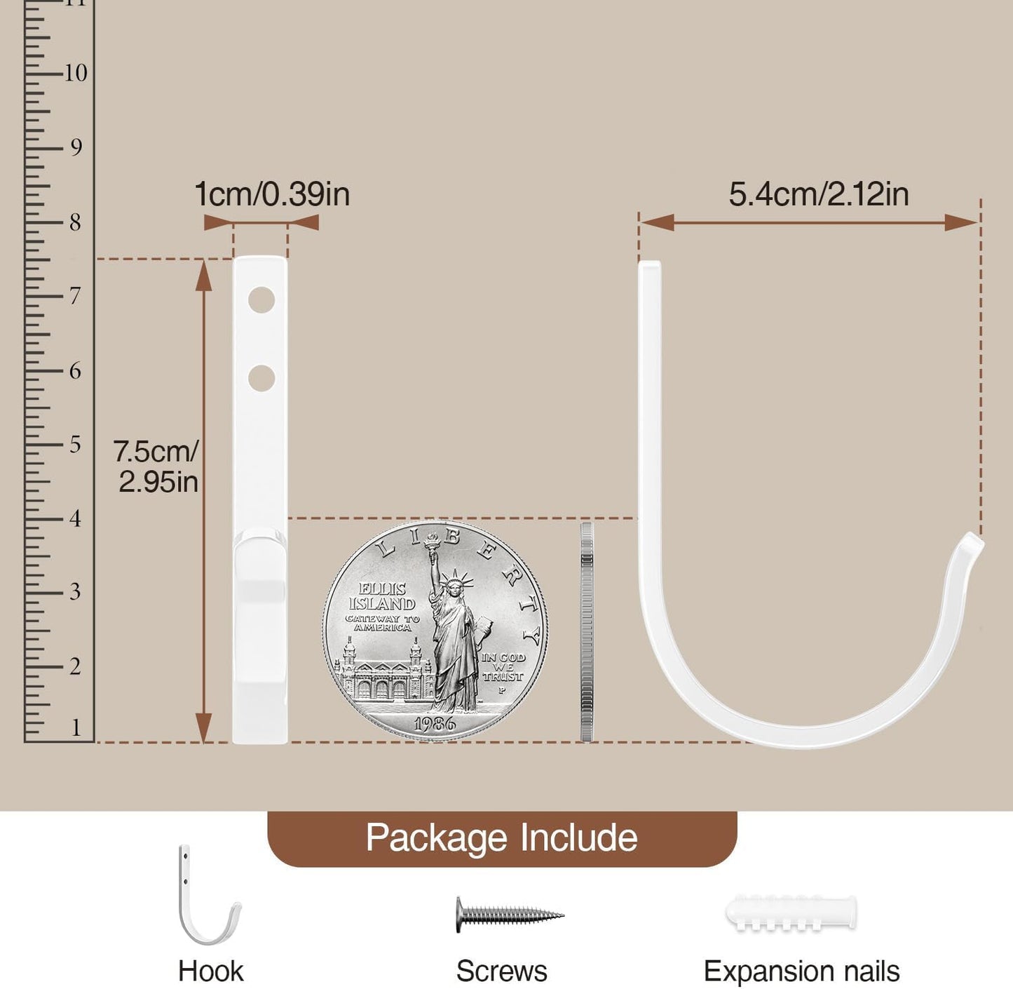 10-Pack Wall Hooks for Towel/Coat - 22LB Heavy Duty Metal Hanger Wall Mount, for Outdoor, Closet, Door, Shelf, Bathroom, for Backpack, Cup, Clothes, Mug, White Matte Screws Included