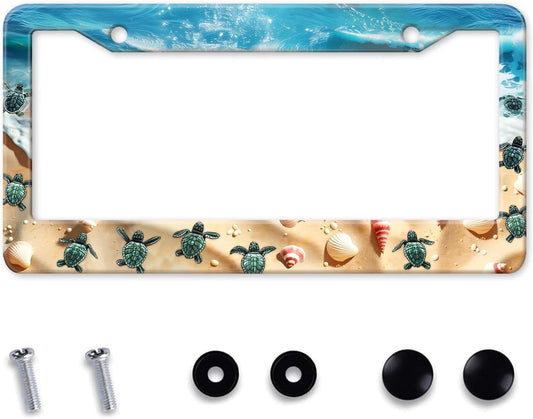 Cute Beach Turtles License Plate Frame, Sea Turtles Sea Shell Starfish Front License Plate Holder Cover, Metal Aluminum Rustproof Car Accessories for Women Men 2 Holes with Screw Caps