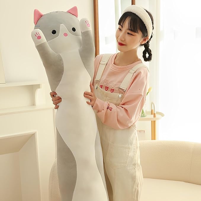 WUYU Lovely Plush Cat Doll Cute Cartoon Soft Stuffed Kitten Pillow Long Throw Sleeping Pillow Doll Toy Gift for Kids Girlfriend Multiple Size (Grey,150cm/59in)